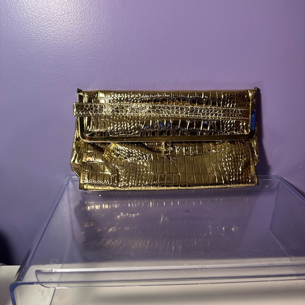 Gold Crocodile-Embossed Clutch